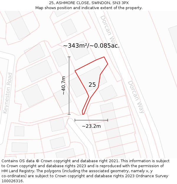 25, ASHMORE CLOSE, SWINDON, SN3 3PX: Plot and title map