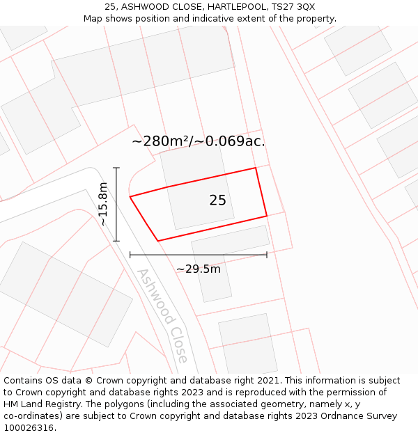 25, ASHWOOD CLOSE, HARTLEPOOL, TS27 3QX: Plot and title map