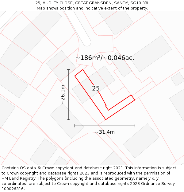 25, AUDLEY CLOSE, GREAT GRANSDEN, SANDY, SG19 3RL: Plot and title map