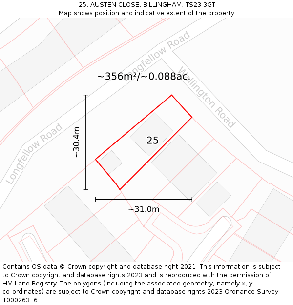 25, AUSTEN CLOSE, BILLINGHAM, TS23 3GT: Plot and title map