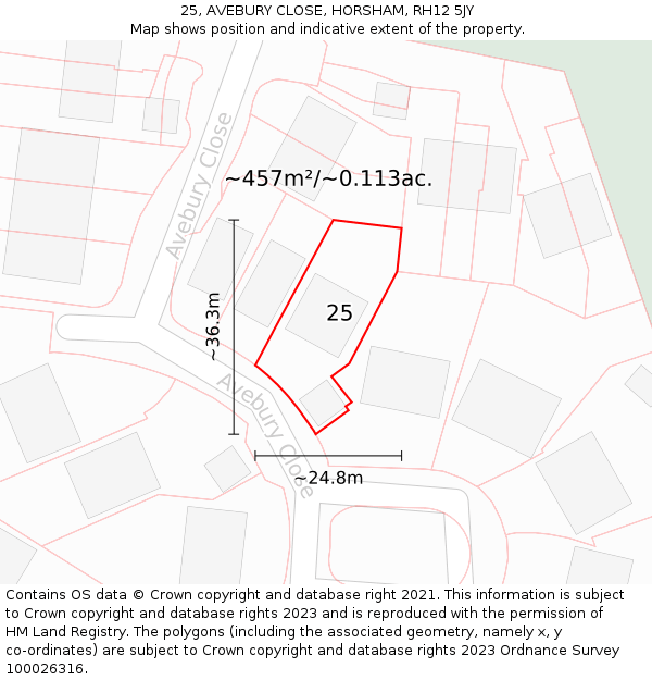 25, AVEBURY CLOSE, HORSHAM, RH12 5JY: Plot and title map