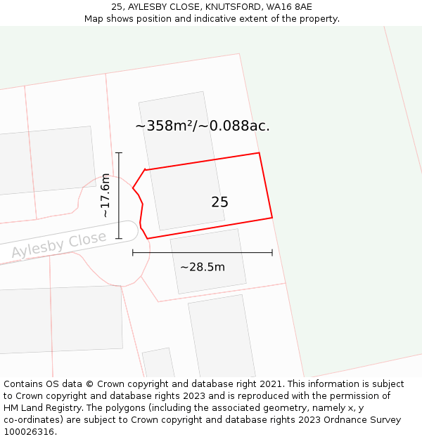 25, AYLESBY CLOSE, KNUTSFORD, WA16 8AE: Plot and title map