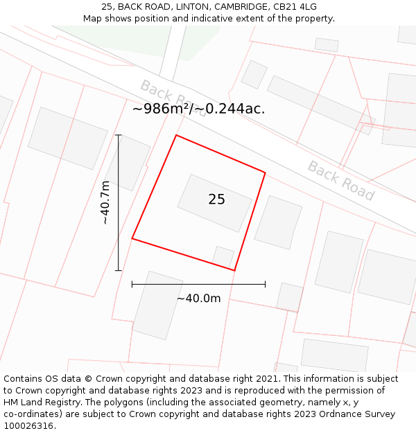 25, BACK ROAD, LINTON, CAMBRIDGE, CB21 4LG: Plot and title map