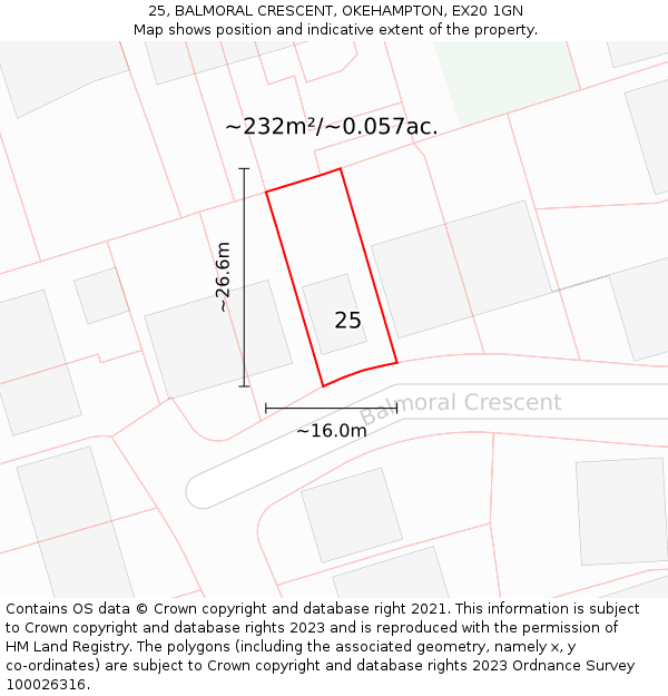 25, BALMORAL CRESCENT, OKEHAMPTON, EX20 1GN: Plot and title map