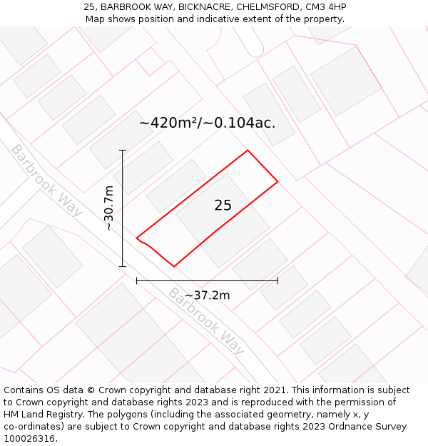 25, BARBROOK WAY, BICKNACRE, CHELMSFORD, CM3 4HP: Plot and title map