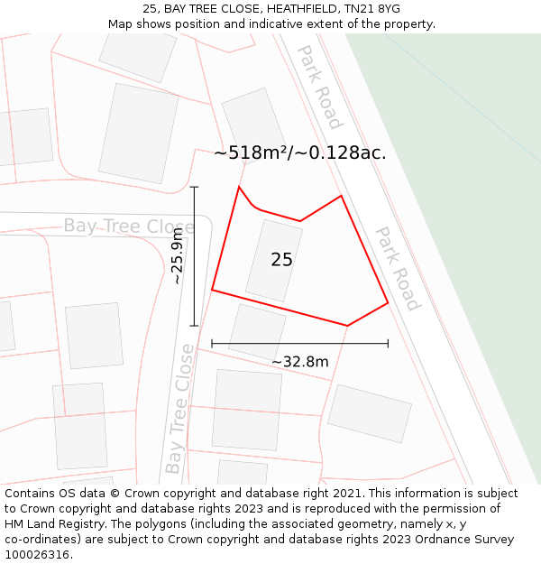 25, BAY TREE CLOSE, HEATHFIELD, TN21 8YG: Plot and title map