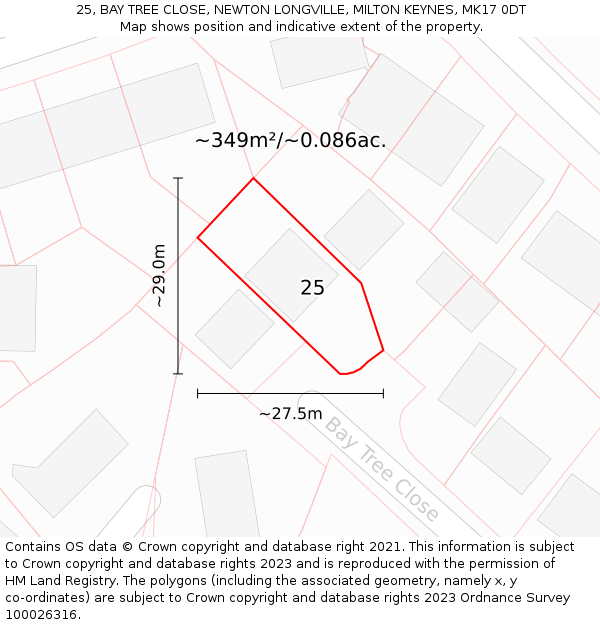 25, BAY TREE CLOSE, NEWTON LONGVILLE, MILTON KEYNES, MK17 0DT: Plot and title map