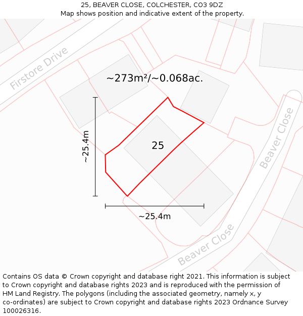 25, BEAVER CLOSE, COLCHESTER, CO3 9DZ: Plot and title map