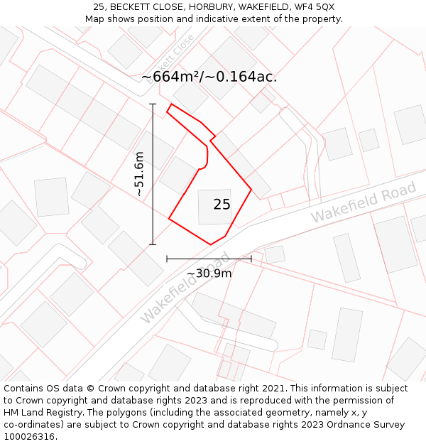 25, BECKETT CLOSE, HORBURY, WAKEFIELD, WF4 5QX: Plot and title map