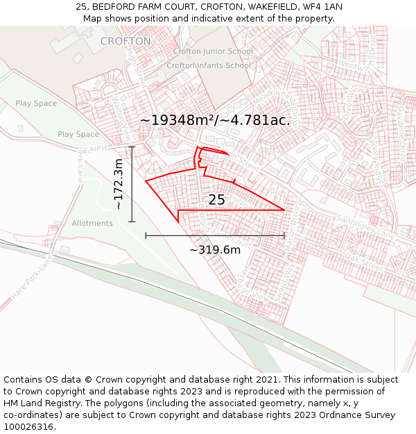 25, BEDFORD FARM COURT, CROFTON, WAKEFIELD, WF4 1AN: Plot and title map