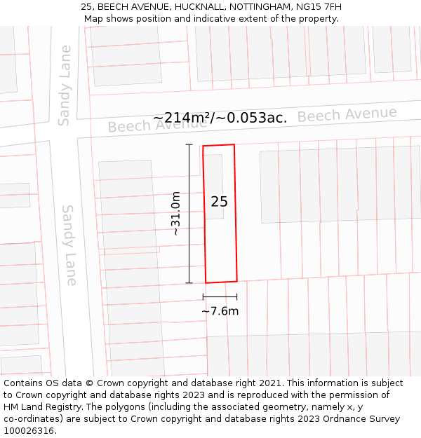 25, BEECH AVENUE, HUCKNALL, NOTTINGHAM, NG15 7FH: Plot and title map