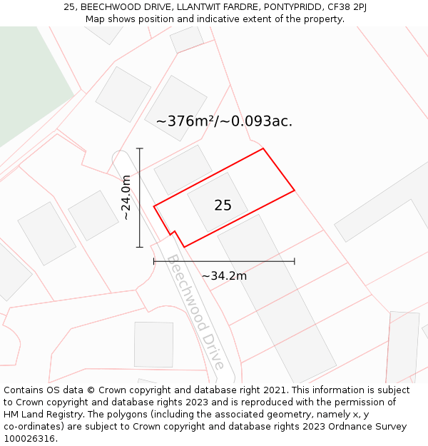 25, BEECHWOOD DRIVE, LLANTWIT FARDRE, PONTYPRIDD, CF38 2PJ: Plot and title map