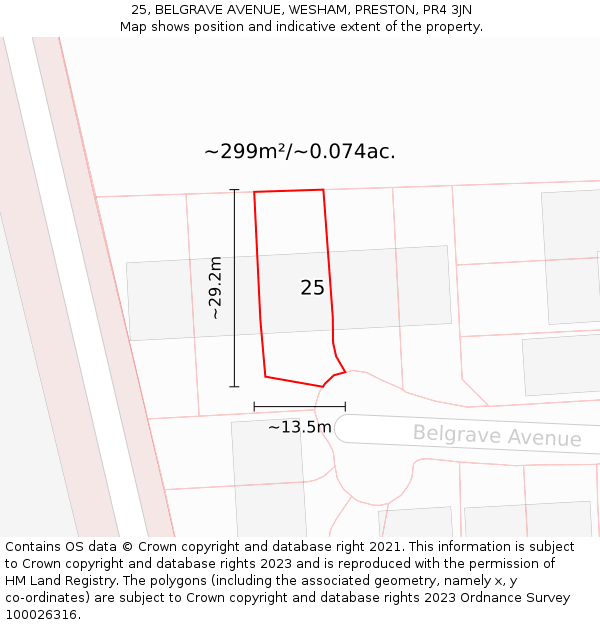 25, BELGRAVE AVENUE, WESHAM, PRESTON, PR4 3JN: Plot and title map