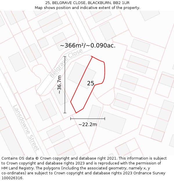 25, BELGRAVE CLOSE, BLACKBURN, BB2 1UR: Plot and title map