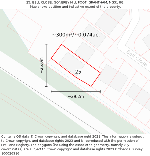 25, BELL CLOSE, GONERBY HILL FOOT, GRANTHAM, NG31 8GJ: Plot and title map