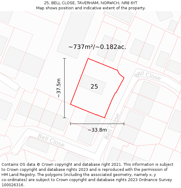 25, BELL CLOSE, TAVERHAM, NORWICH, NR8 6YT: Plot and title map