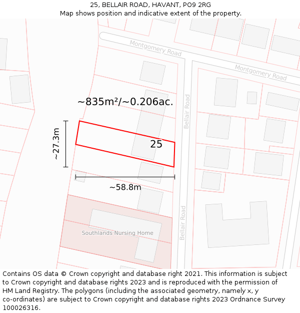 25, BELLAIR ROAD, HAVANT, PO9 2RG: Plot and title map