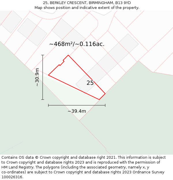 25, BERKLEY CRESCENT, BIRMINGHAM, B13 9YD: Plot and title map