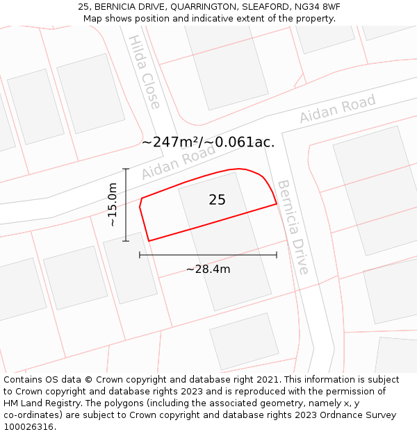 25, BERNICIA DRIVE, QUARRINGTON, SLEAFORD, NG34 8WF: Plot and title map