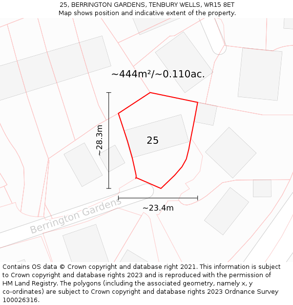 25, BERRINGTON GARDENS, TENBURY WELLS, WR15 8ET: Plot and title map