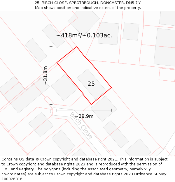 25, BIRCH CLOSE, SPROTBROUGH, DONCASTER, DN5 7JY: Plot and title map