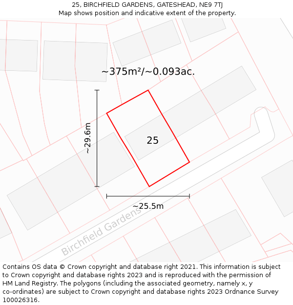 25, BIRCHFIELD GARDENS, GATESHEAD, NE9 7TJ: Plot and title map