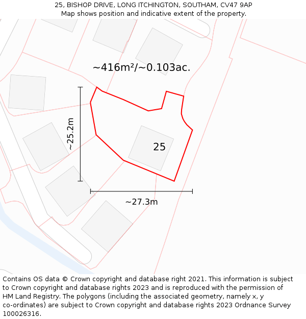 25, BISHOP DRIVE, LONG ITCHINGTON, SOUTHAM, CV47 9AP: Plot and title map