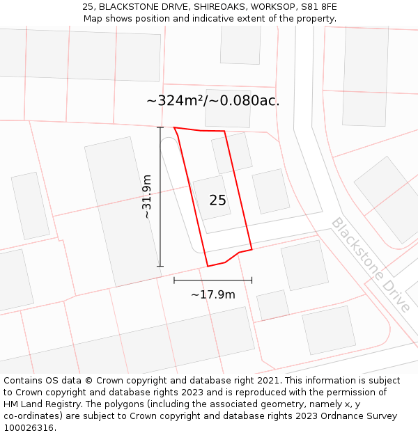 25, BLACKSTONE DRIVE, SHIREOAKS, WORKSOP, S81 8FE: Plot and title map