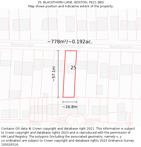 25, BLACKTHORN LANE, BOSTON, PE21 9BG: Plot and title map