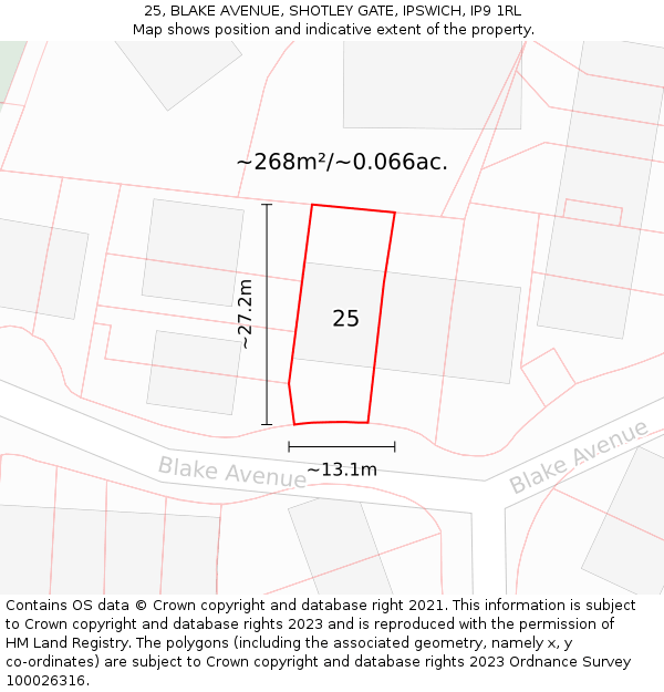 25, BLAKE AVENUE, SHOTLEY GATE, IPSWICH, IP9 1RL: Plot and title map