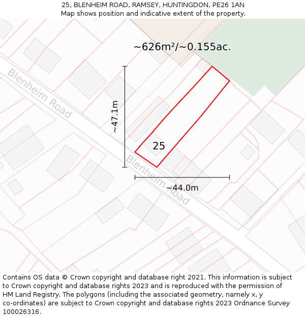 25, BLENHEIM ROAD, RAMSEY, HUNTINGDON, PE26 1AN: Plot and title map