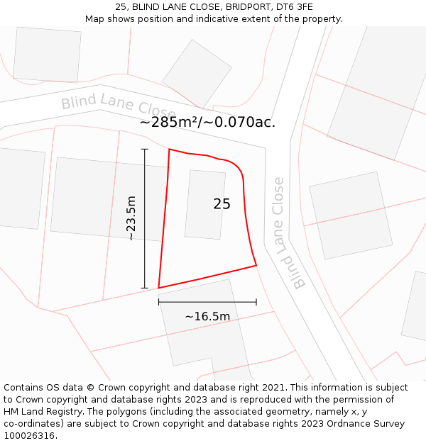 25, BLIND LANE CLOSE, BRIDPORT, DT6 3FE: Plot and title map