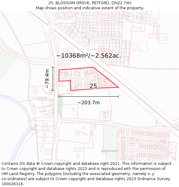 25, BLOSSOM GROVE, RETFORD, DN22 7XH: Plot and title map