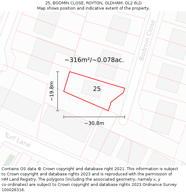 25, BODMIN CLOSE, ROYTON, OLDHAM, OL2 6LD: Plot and title map