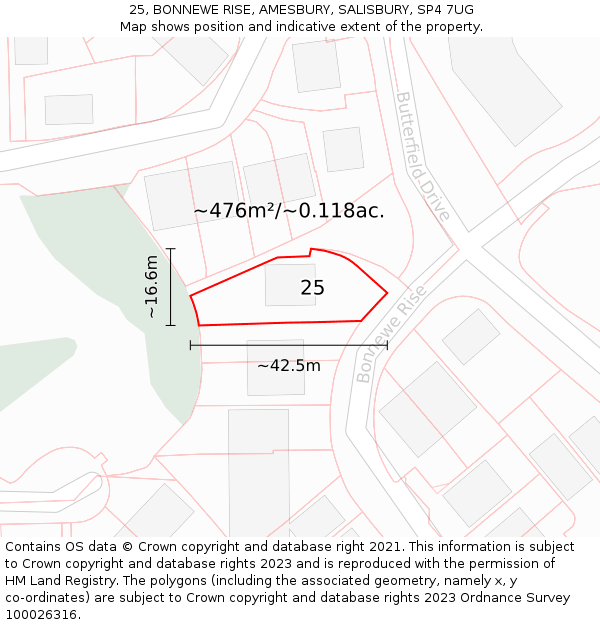 25, BONNEWE RISE, AMESBURY, SALISBURY, SP4 7UG: Plot and title map