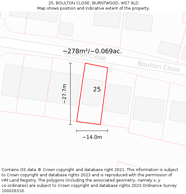 25, BOULTON CLOSE, BURNTWOOD, WS7 9LD: Plot and title map