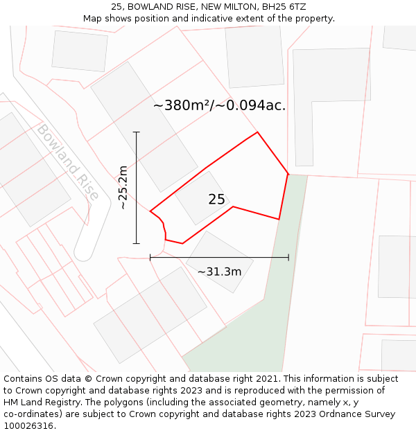 25, BOWLAND RISE, NEW MILTON, BH25 6TZ: Plot and title map