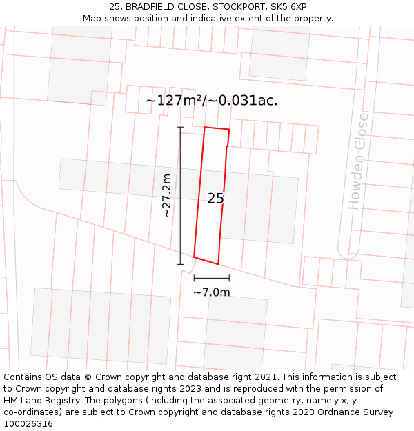 25, BRADFIELD CLOSE, STOCKPORT, SK5 6XP: Plot and title map