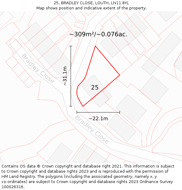 25, BRADLEY CLOSE, LOUTH, LN11 8YL: Plot and title map