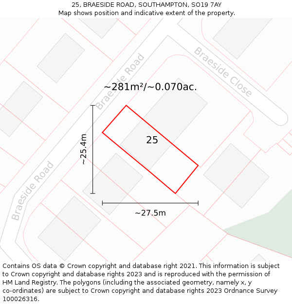 25, BRAESIDE ROAD, SOUTHAMPTON, SO19 7AY: Plot and title map