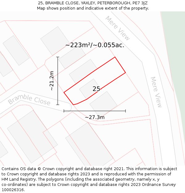 25, BRAMBLE CLOSE, YAXLEY, PETERBOROUGH, PE7 3JZ: Plot and title map