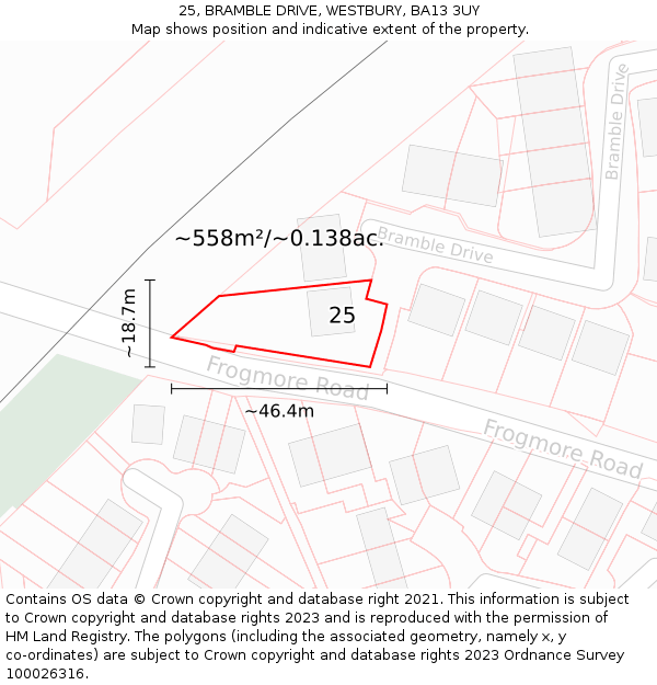 25, BRAMBLE DRIVE, WESTBURY, BA13 3UY: Plot and title map