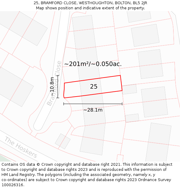 25, BRAMFORD CLOSE, WESTHOUGHTON, BOLTON, BL5 2JR: Plot and title map