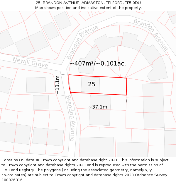 25, BRANDON AVENUE, ADMASTON, TELFORD, TF5 0DU: Plot and title map