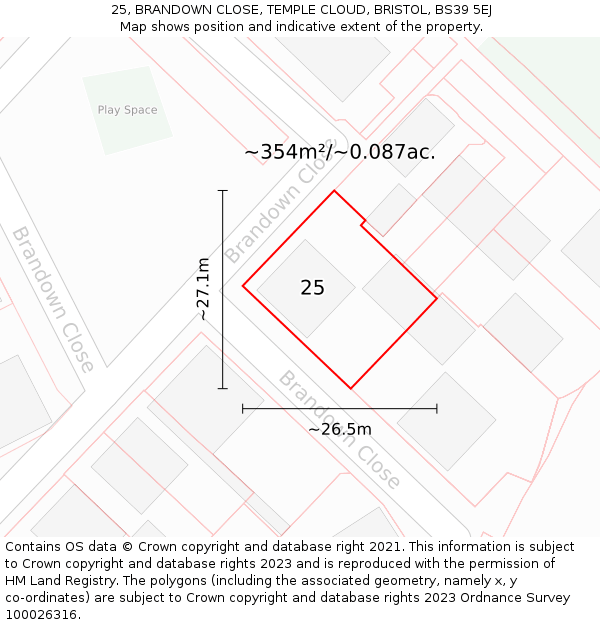 25, BRANDOWN CLOSE, TEMPLE CLOUD, BRISTOL, BS39 5EJ: Plot and title map