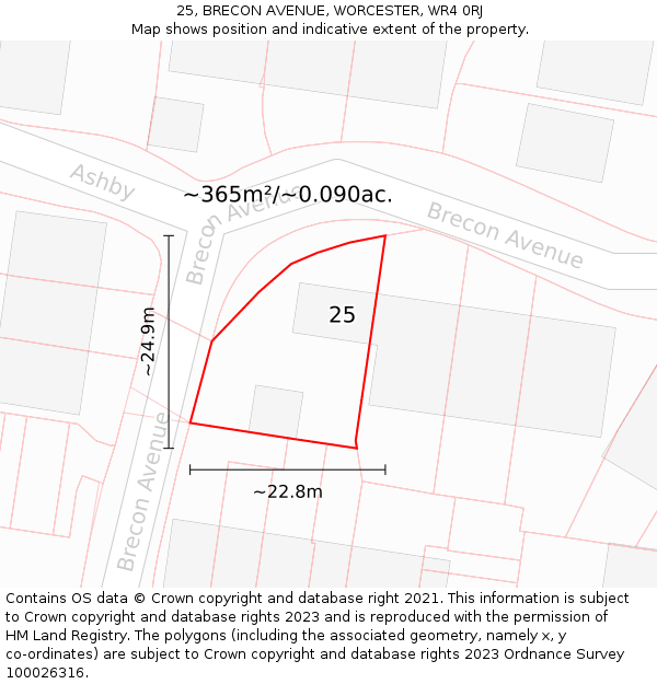 25, BRECON AVENUE, WORCESTER, WR4 0RJ: Plot and title map