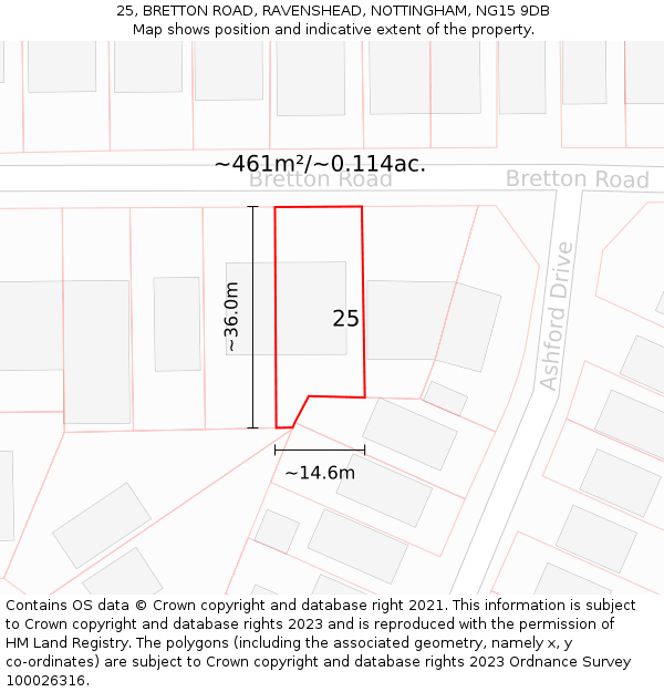 25, BRETTON ROAD, RAVENSHEAD, NOTTINGHAM, NG15 9DB: Plot and title map