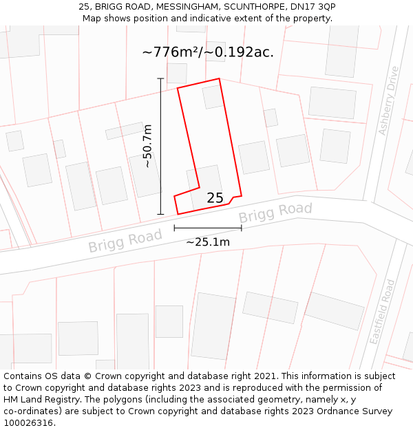 25, BRIGG ROAD, MESSINGHAM, SCUNTHORPE, DN17 3QP: Plot and title map