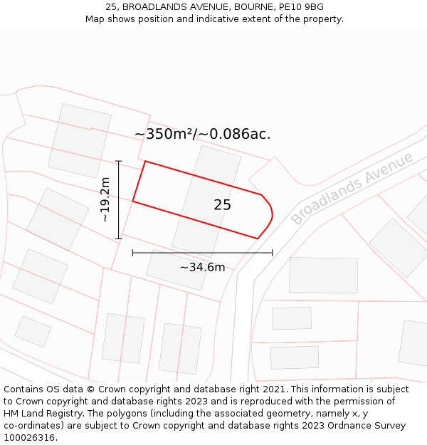 25, BROADLANDS AVENUE, BOURNE, PE10 9BG: Plot and title map