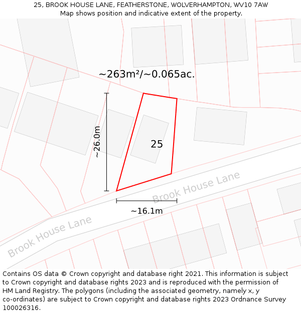 25, BROOK HOUSE LANE, FEATHERSTONE, WOLVERHAMPTON, WV10 7AW: Plot and title map